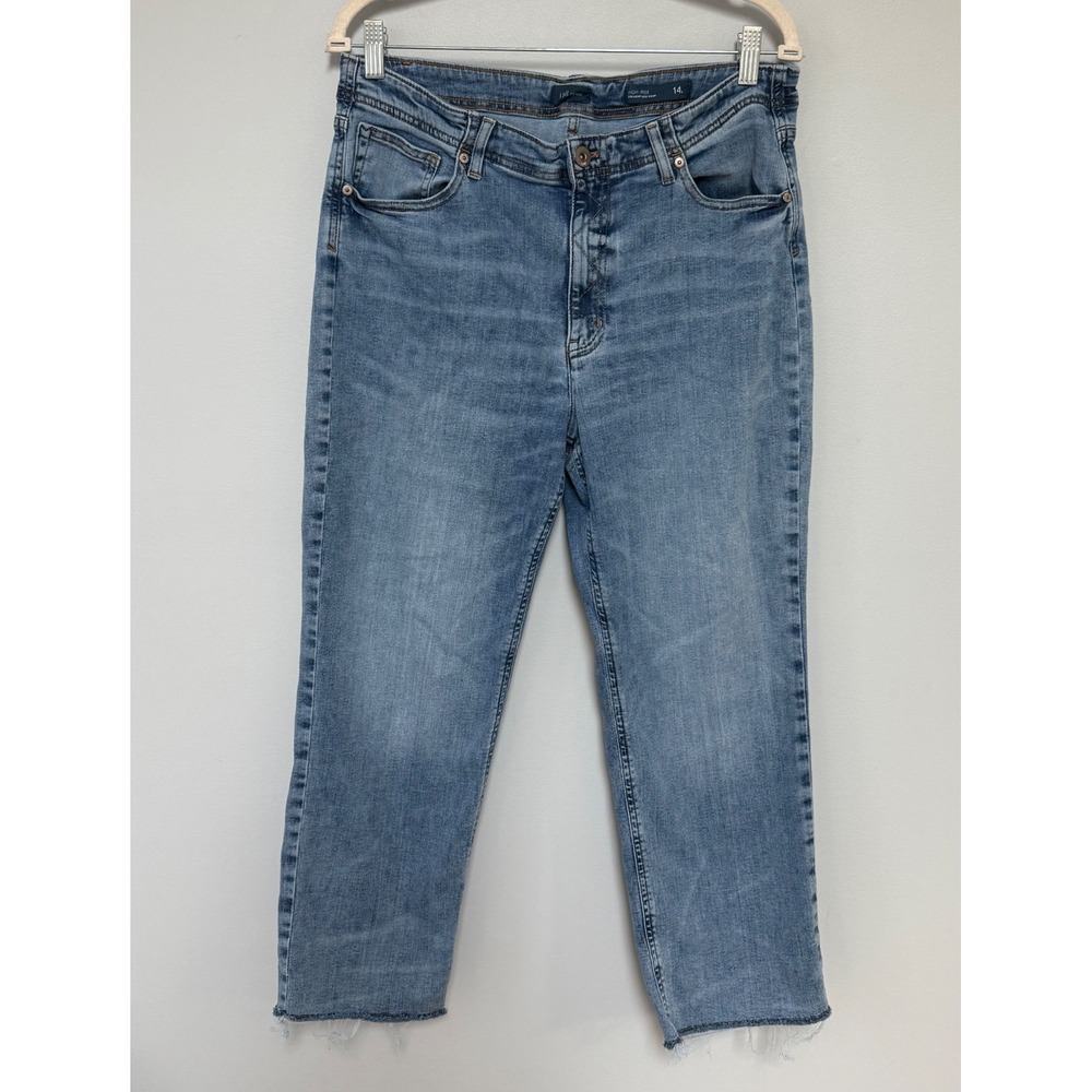 J.Jill Denim High Rise Straight Leg Crop Jeans Medium Blue Wash Raw Hem Size 14